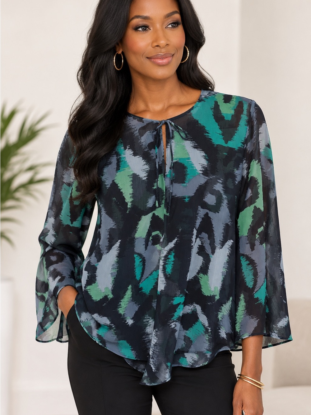 Banana Republic Teal, Green & Black Abstract Tie-Neck Blouse
